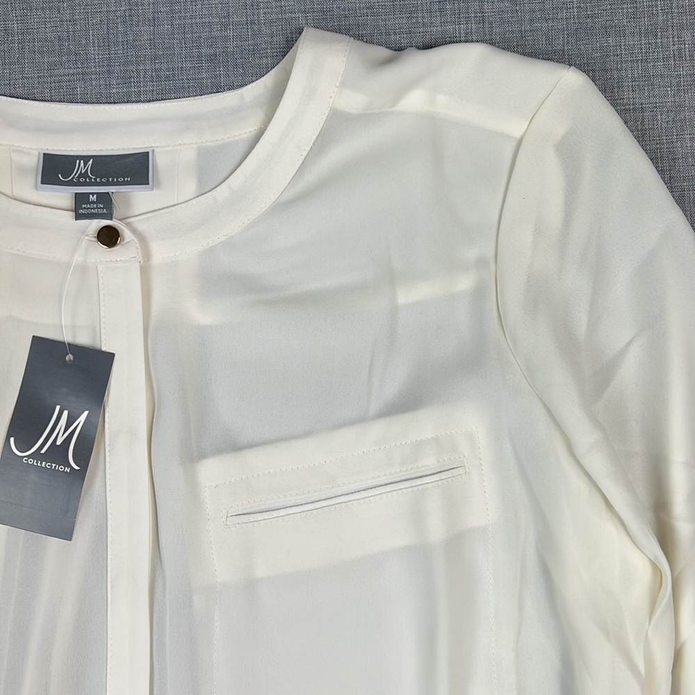 JM Collection Ivory Pleat-Back Semi Sheer Blouse Size Medium - Picture 3 of 6